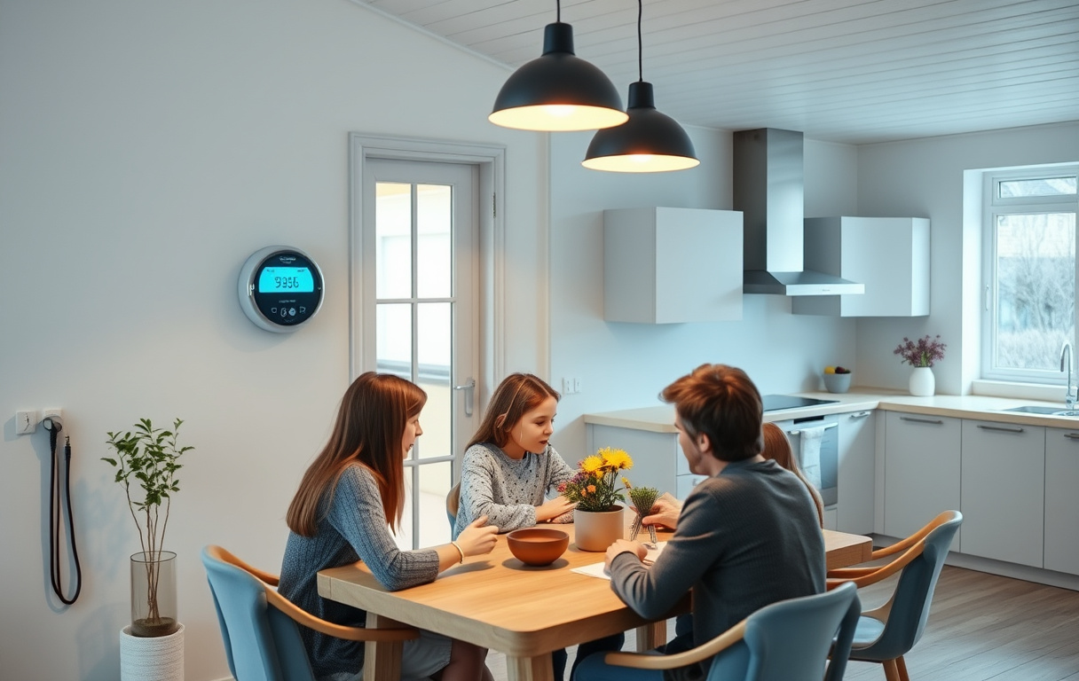 En familj sitter vid ett köksbord i ett svenskt hem och diskuterar en elräkning, med en digital energimätare på väggen.