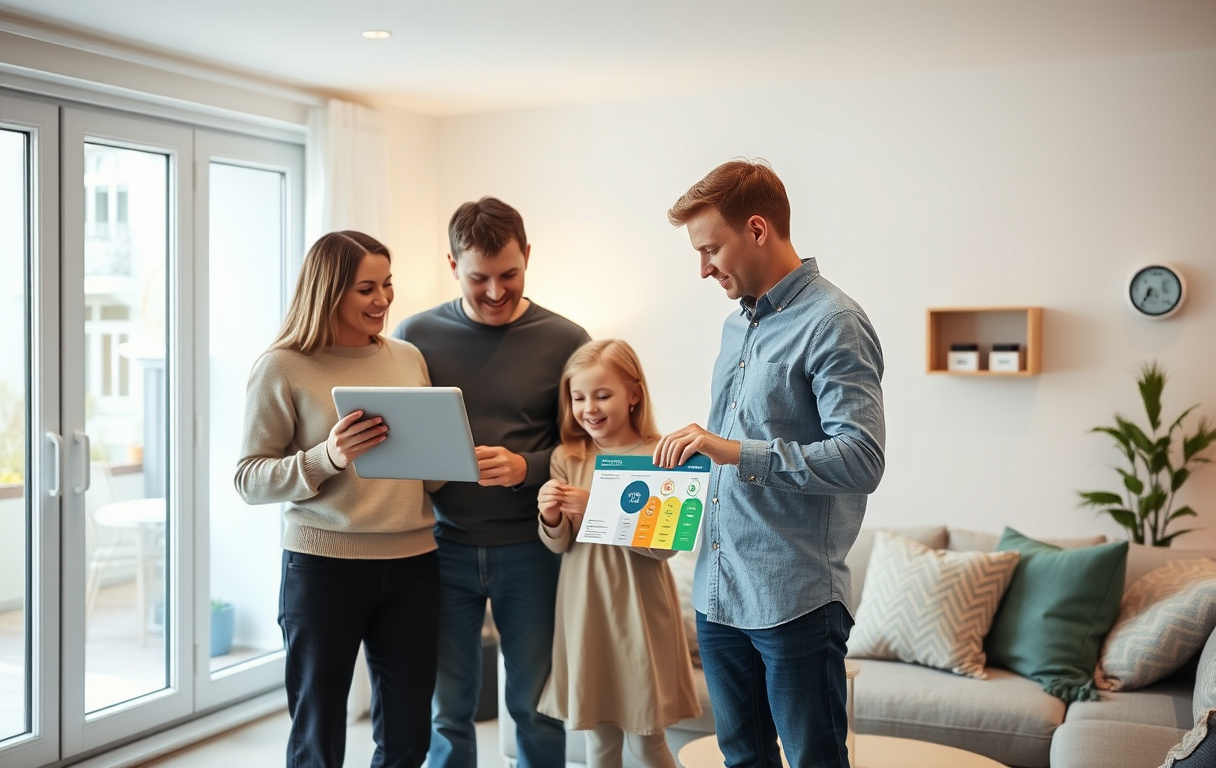 Familj i vardagsrum som jämför elavtal på surfplatta med elmätare synlig på väggen.