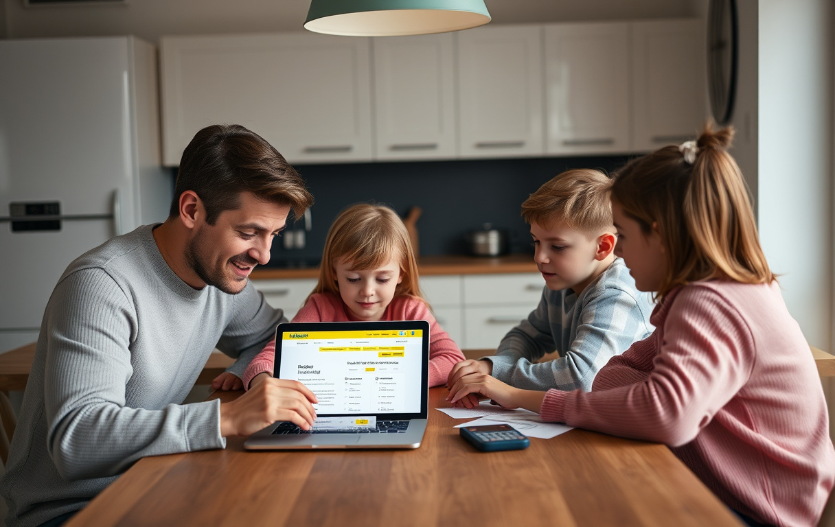 Familj som jämför elavtal på laptop vid köksbord med elräkning och mobiltelefon
