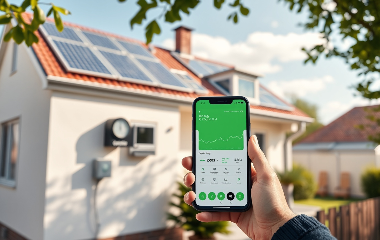 Svensk villa med solpaneler och elmätare, samt mobilapp för elförsäljning.