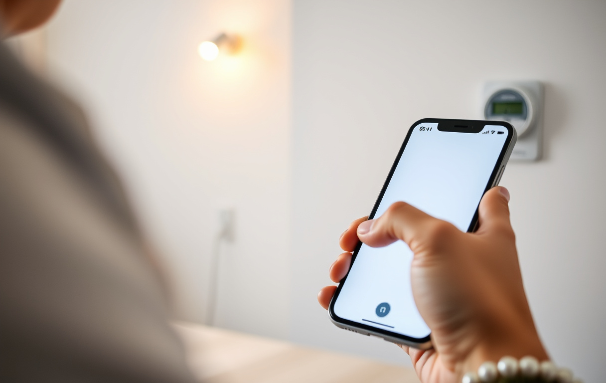 Person som gör digital flyttanmälan med mobiltelefon, elmätare synlig i bakgrunden.